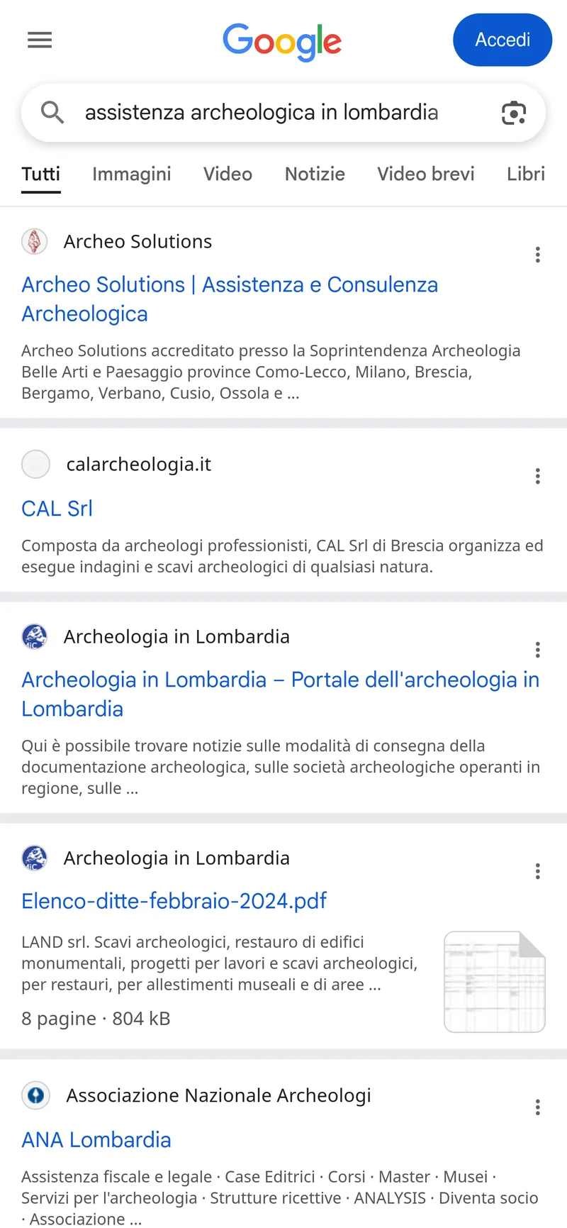 Screenshot query assistenza archeologica lombardia