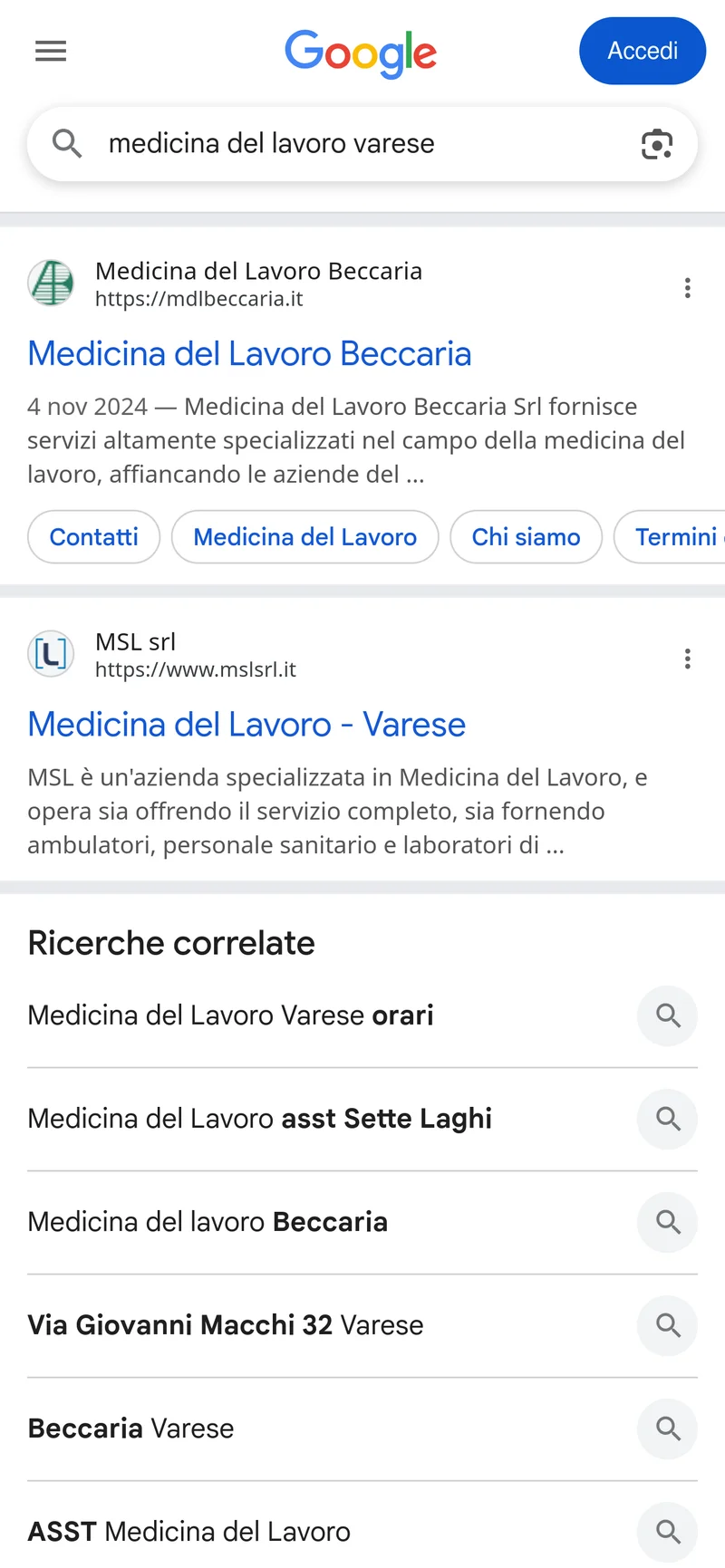 Screenshot query medicina del lavoro varese